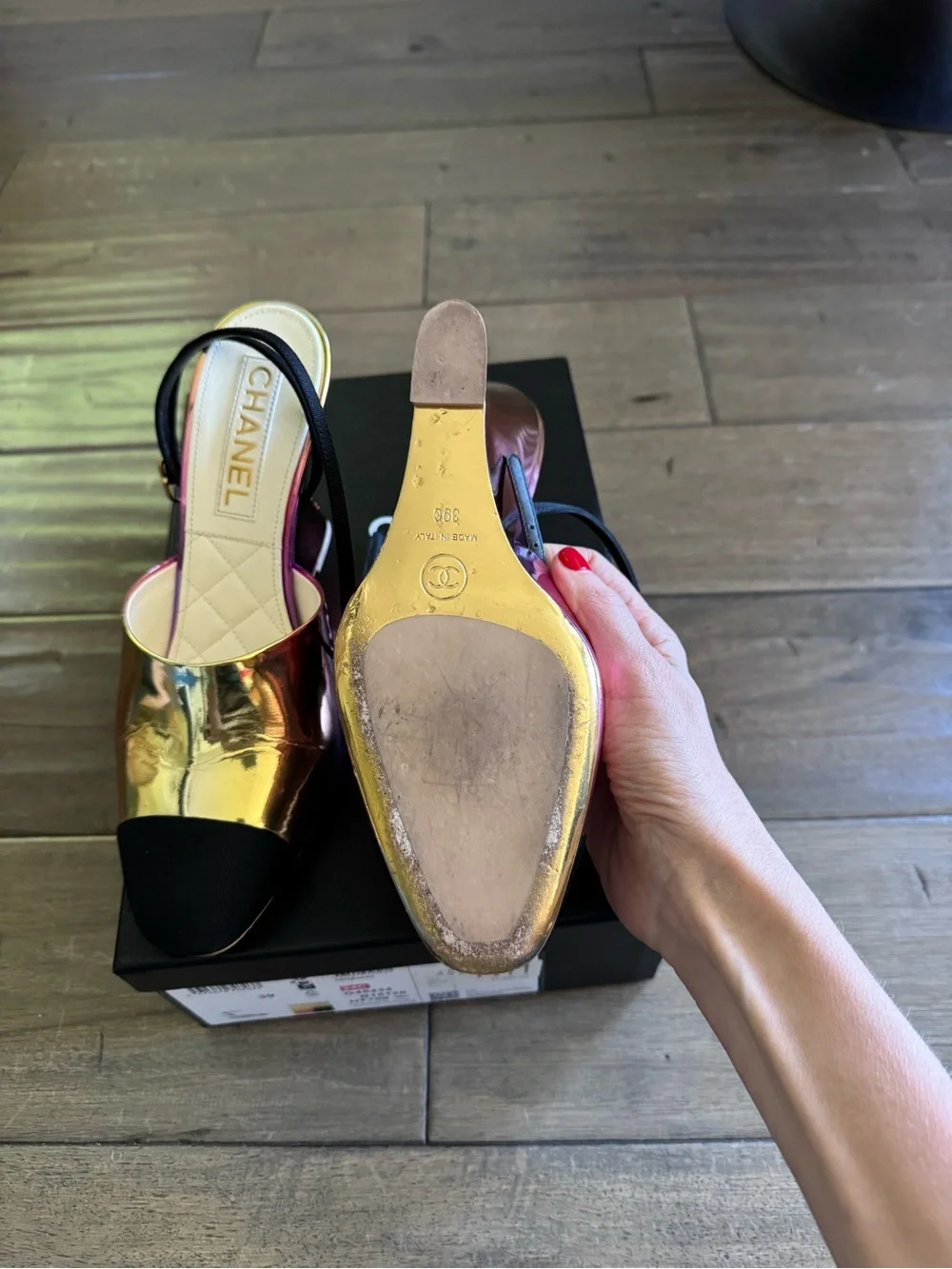 CHANEL Gold Metallic Slingback Mules with Black Cap Toe - Picture 3 of 7